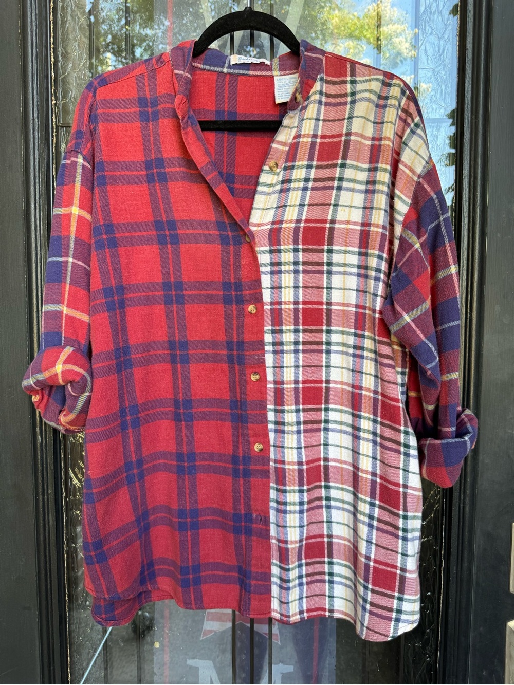 Vintag Backroad Blue Split Plaid Flannel Shirt Reconstructed Upcycled Grunge L